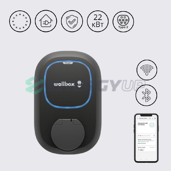 Зарядка для электромобиля Wallbox Pulsar Plus Черная 22 кВт Type 2(розетка) 32А 3-фазы  PSP1-W-2-4-9-002 фото