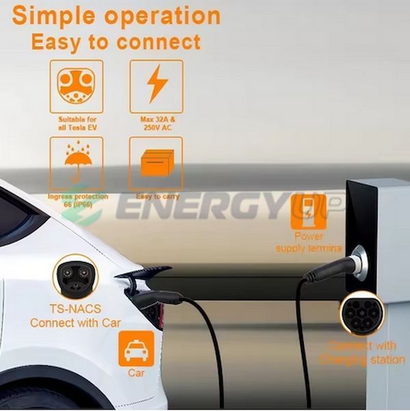 Зарядний кабель для електромобіля 7.4 кВт 32А 1-фаза 5м Type 2 (станція) - Tesla (американсько) Feyree CL7-T2TS фото