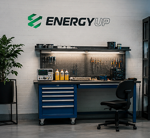 Рабочее место мастера сервисного центра EnergyUP с приборами для диагностики зарядных устройств
