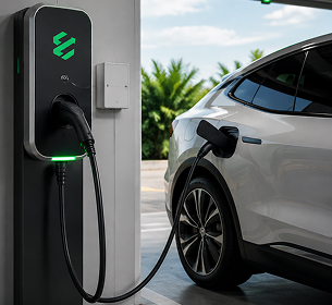 Настенная зарядная станция EnergyUP подключена к электромобилю